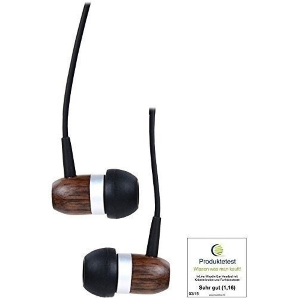 InLine® Holz In-Ear Headset mit Kabelmikrofon und Funktionstaste Walnuss | Hochwertiges Sounderlebnis bei stilvollem Design