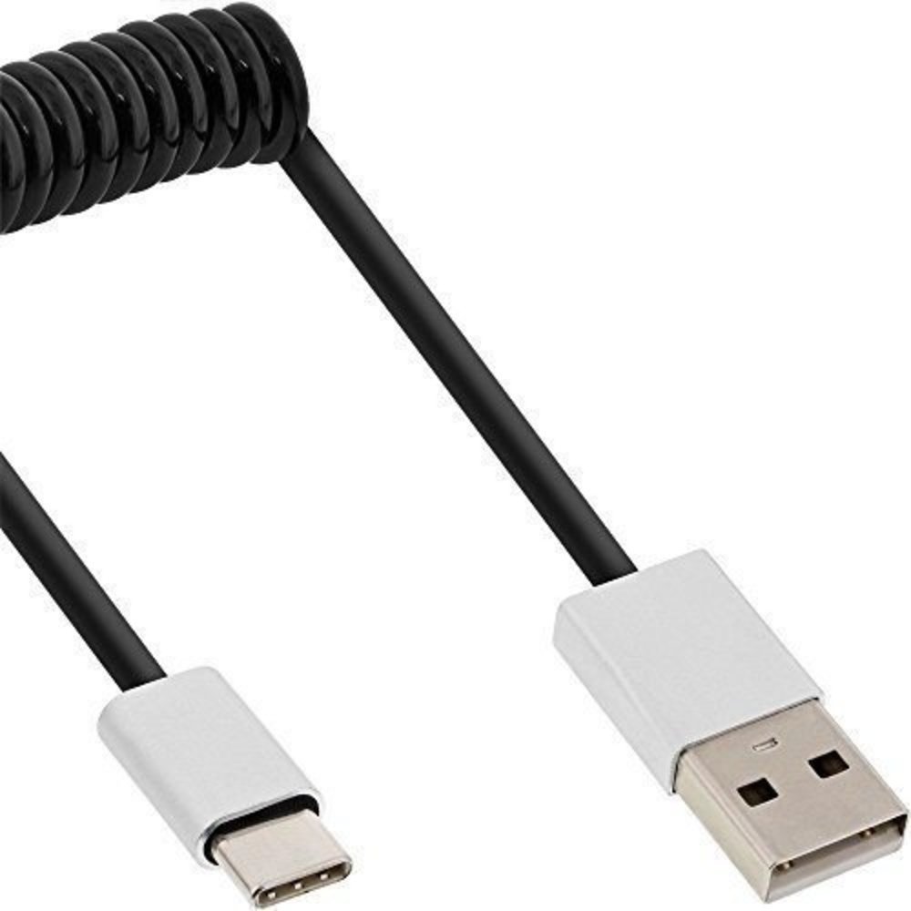 InLine® USB 2.0 Spiralkabel Typ C Stecker an A Stecker schwarz/Alu flexibel 0.5m