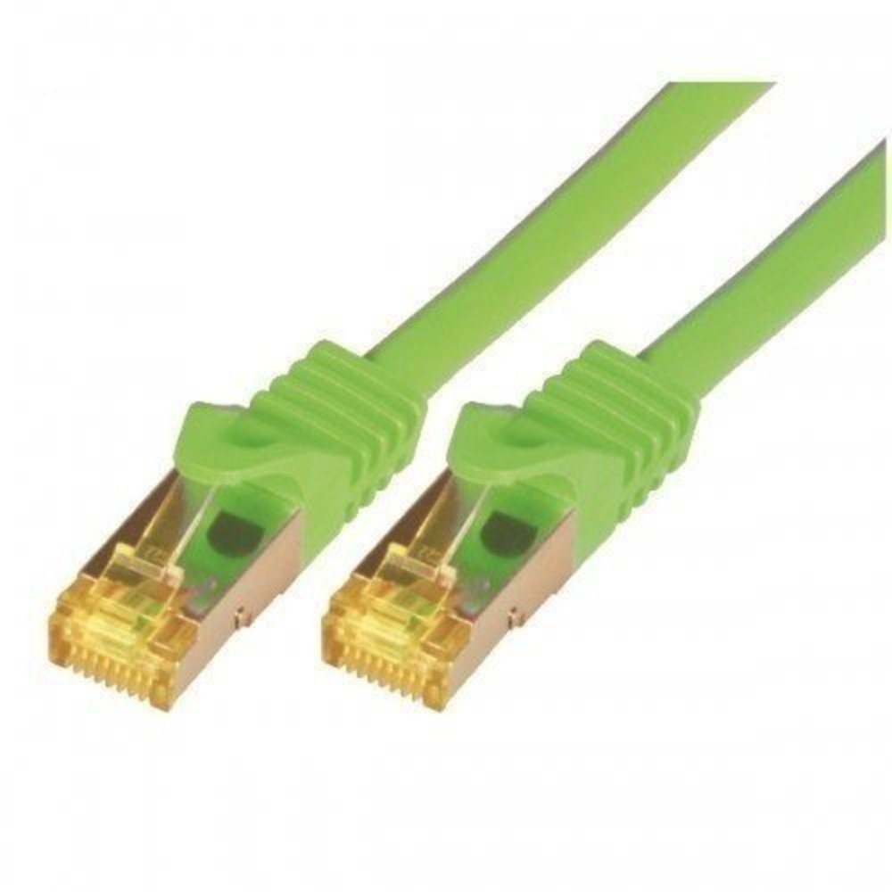 Mcab CAT7 S-FTP-PIMF-LSZH-5.00M-GR: Netzwerkkabel in grüner Farbe mit 5,00 Meter Länge und hoher Leistungsfähigkeit gemäß CAT7 S-FTP-PIMF-LSZH Standard.
