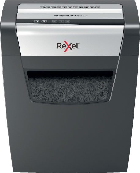 Aktenvernichter REXEL Momentum X410 - Papierschredder P4, bis zu 4x28 Blatt, 10 Blatt Kapazität, 23l Auffangbehälter, inklusive Klammern